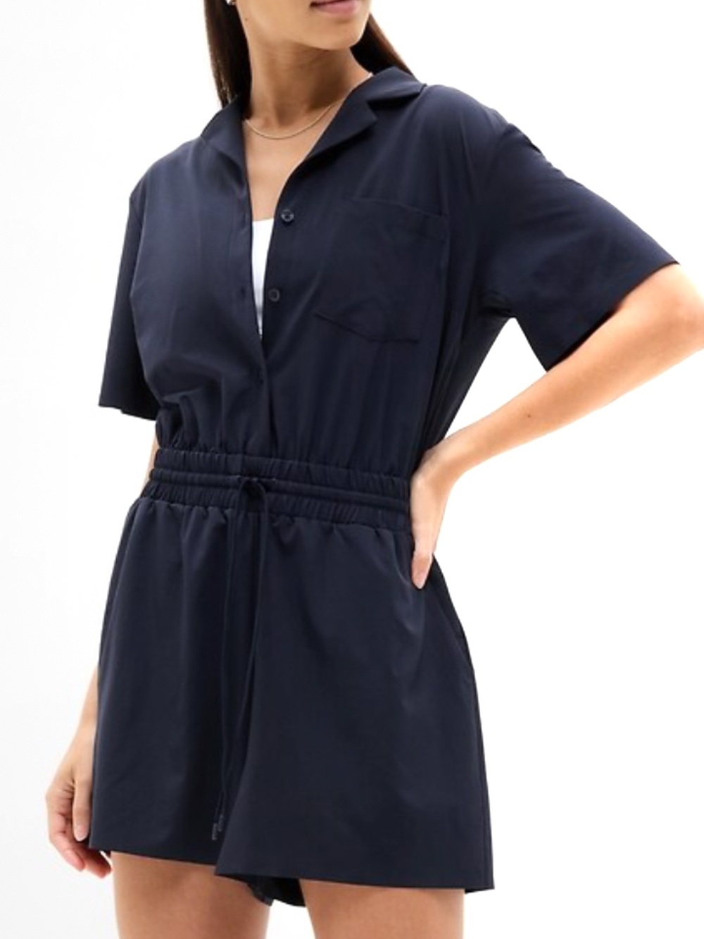 Athleta Navy Short-Sleeve Drawstring Romper
